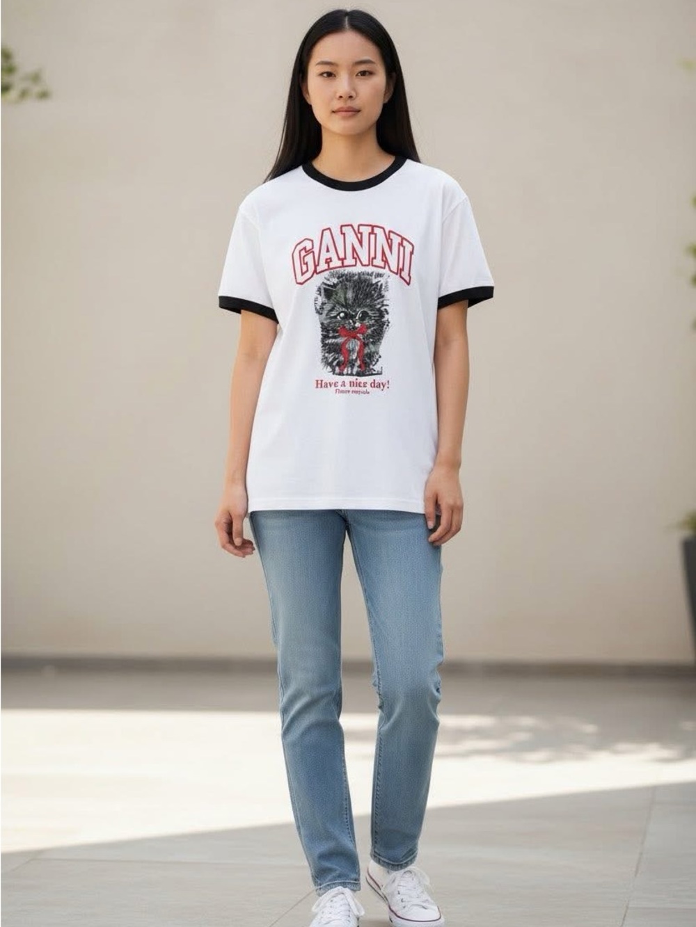 Ganni White Ringer Tee with Black Trim and Red Kitten Graphic